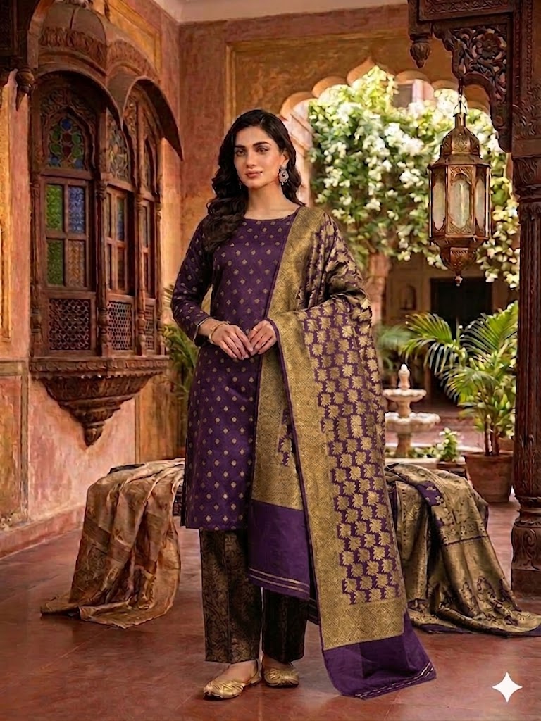 Three Piece Suit – Atlas and Jamawar Three Piece Suit – Atlas Shall with Jamawar Shirt & Trouser (Purple) - Image 1