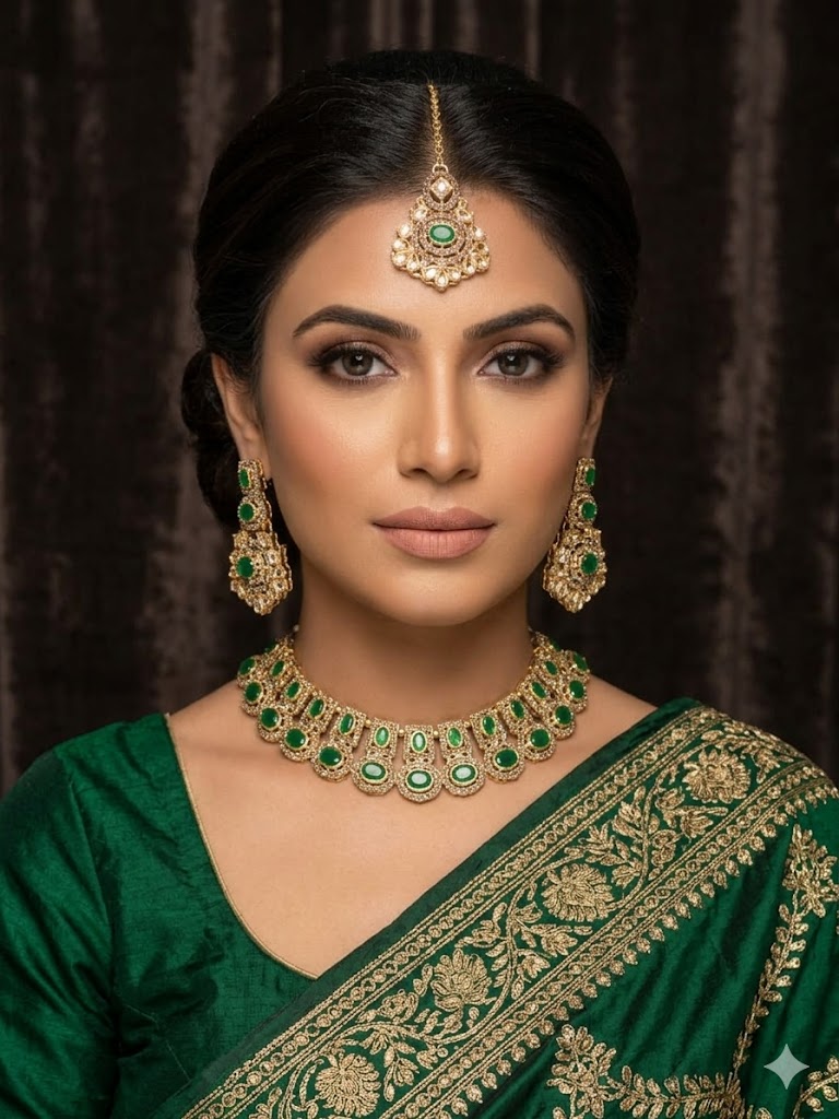 Necklace set - Green Stones Necklace set with Earring and Matha Patti (Gold Platted - Green stone) - Image 1