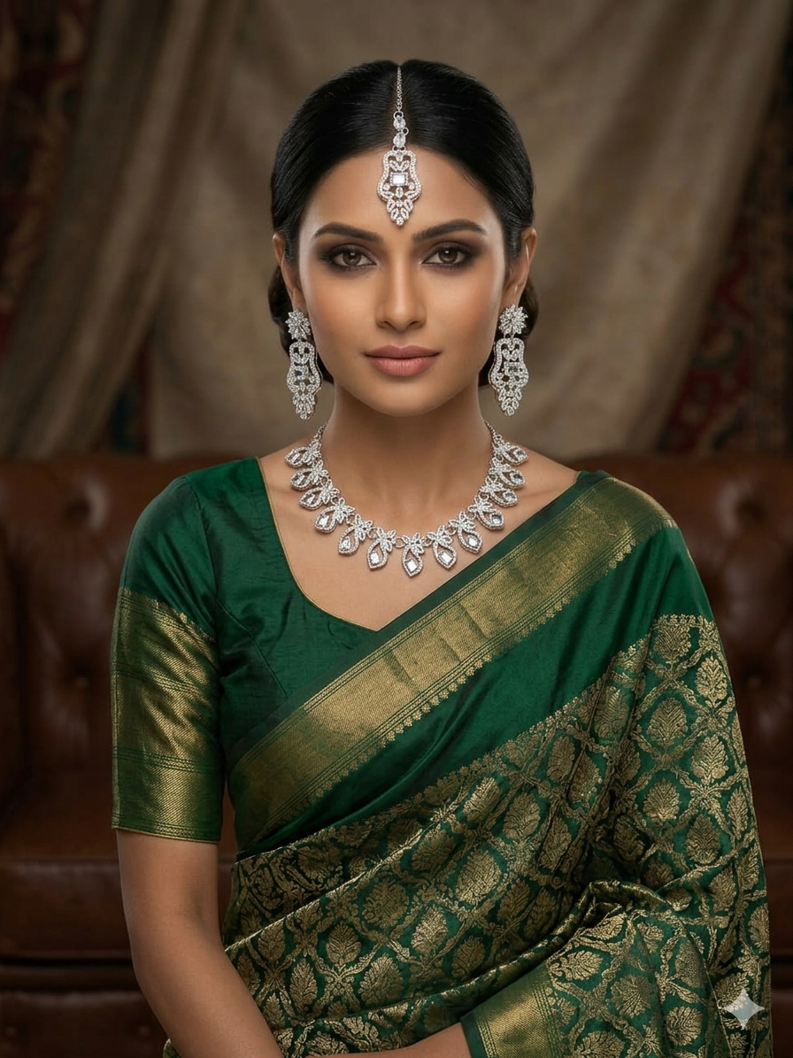 Necklace set - Silver Necklace set with Earring and Matha Patti (Silver-Design2) - Image 1