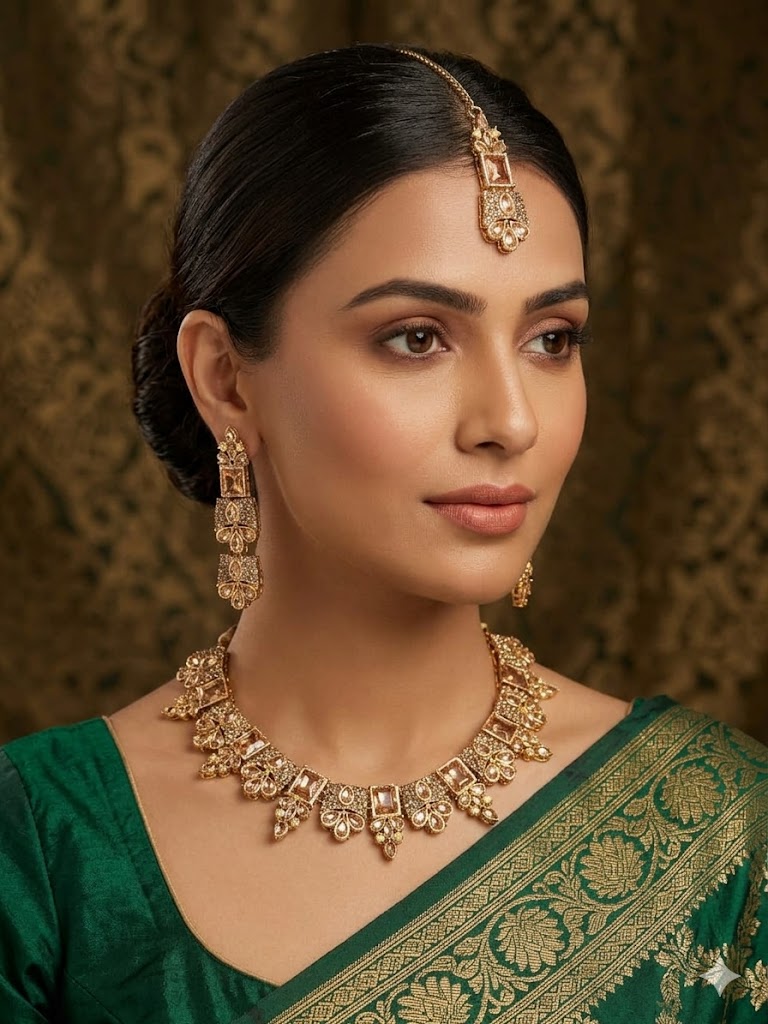 Necklace - Shampion stone Necklace set with Earring and Matha Patti (Gold Platted - Shampion stones) - Image 1