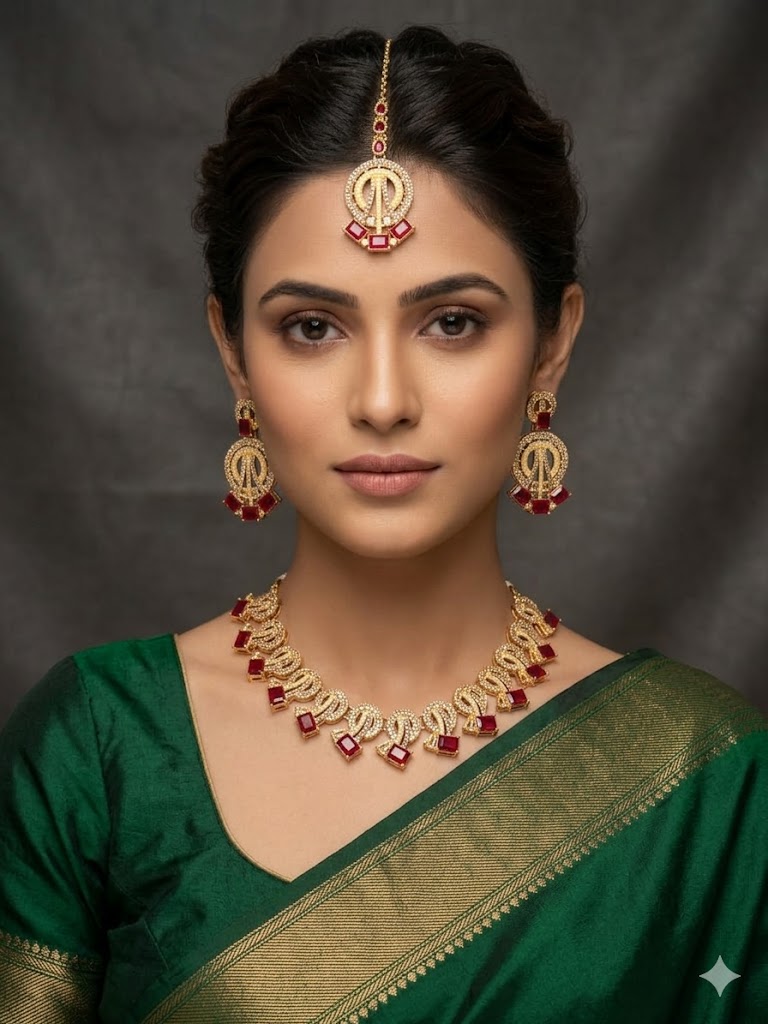 Necklace Set - Red Stones Necklace set with Earring and Matha Patti (Gold Platted and Red stones) - Image 1