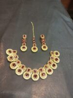 Necklace set with Earring and Matha Patti (Gold Platted - Maroon Stones) - Image 2