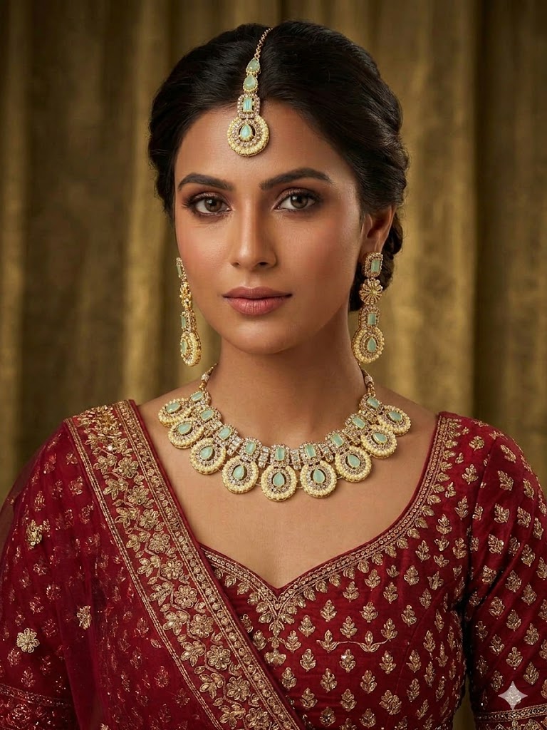 Necklace set - Light green stone Necklace set with Earring and Matha Patti (Gold Platted-Light Green stone) - Image 1