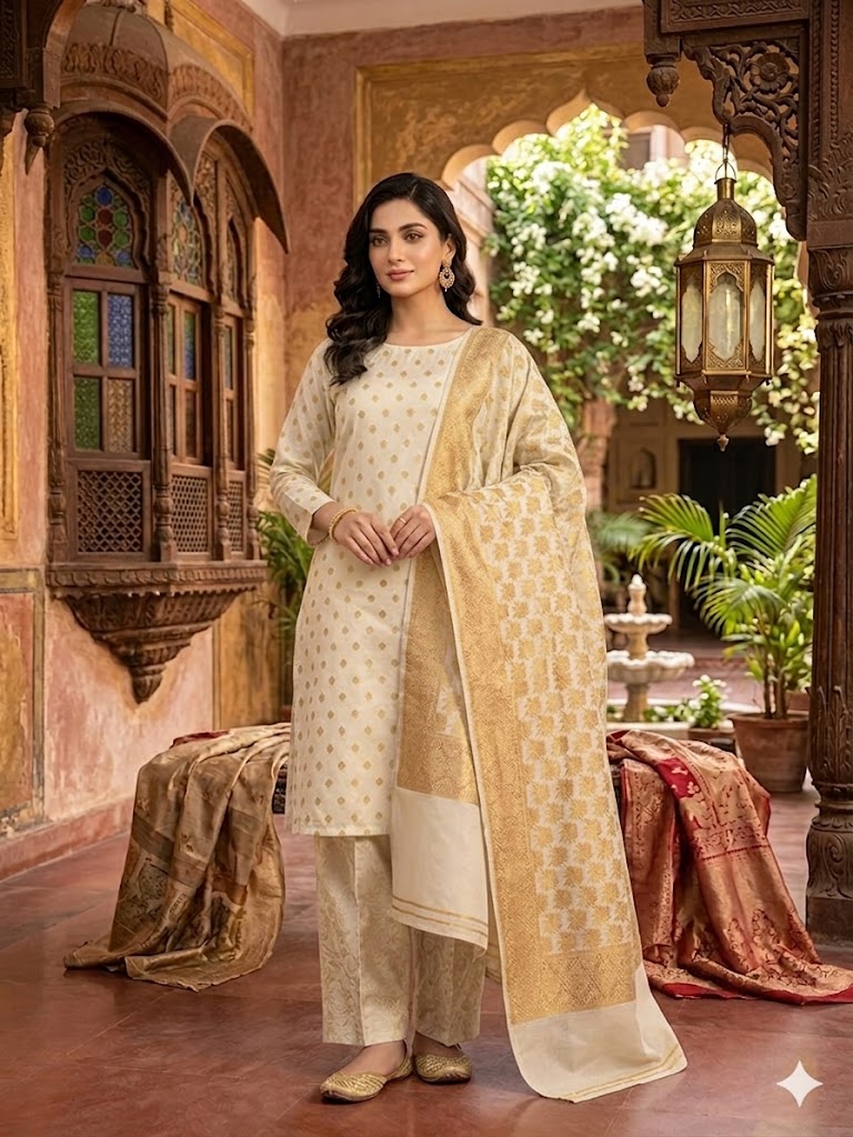Three Piece Suit – Atlas and Jamawar Three Piece Suit – Atlas Shall with Jamawar Shirt & Trouser (White) - Image 1