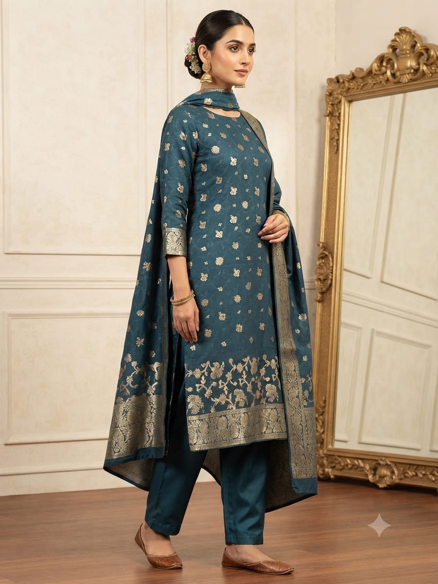 Kanchoi Silk - Green-Model Three Piece Suit – Kanchoi Silk Khadi Fabric (Green) - Image 1