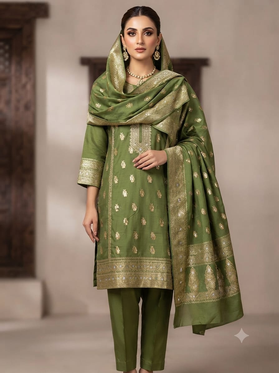 Kanchoi Silk - LightGreen-Model Three Piece Suit – Kanchoi Silk Khadi Fabric (Light Green) - Image 1