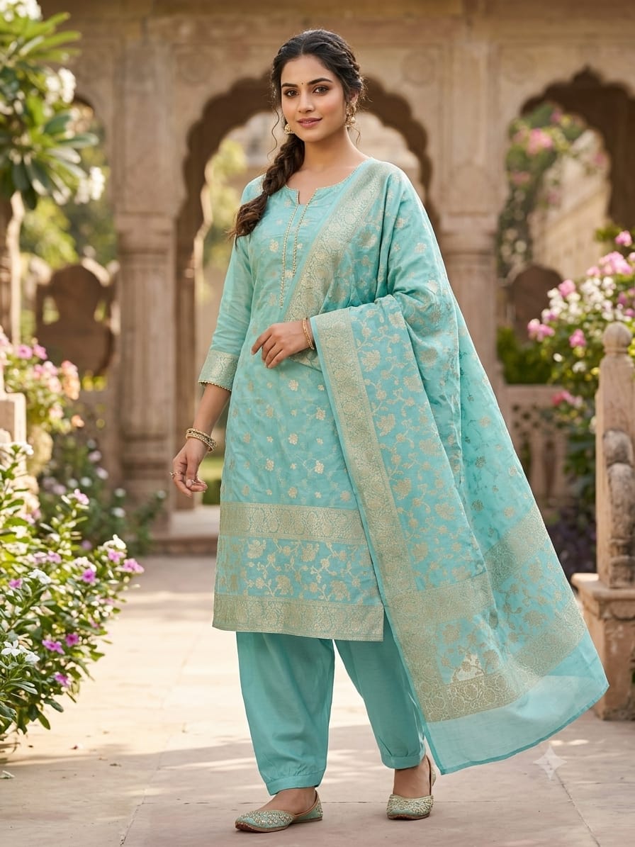 Kanchoi Silk - Lightblue-Model Three Piece Suit – Kanchoi Silk Khadi Fabric (LightBlue) - Image 1