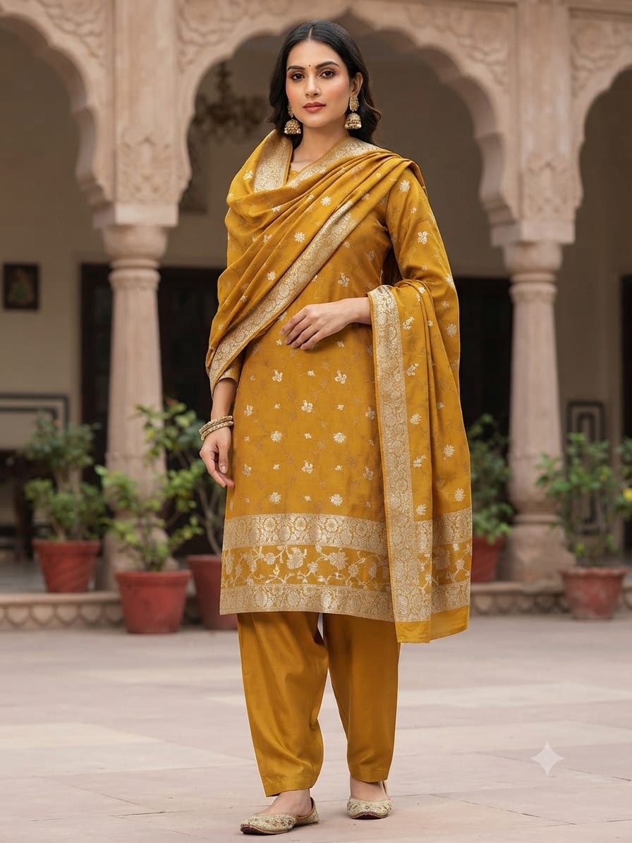 Kanchoi Silk - Orange-Model Three Piece Suit – Kanchoi Silk Khadi Fabric (Orange) - Image 1