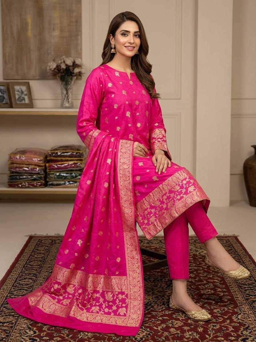 Kanchoi Silk - Pink-Model Three Piece Suit – Kanchoi Silk Khadi Fabric (Pink) - Image 1