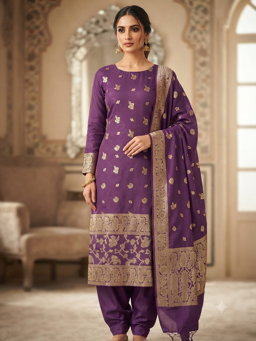 Kanchoi Silk - Purple-Model Three Piece Suit – Kanchoi Silk Khadi Fabric (Purple) - Image 1