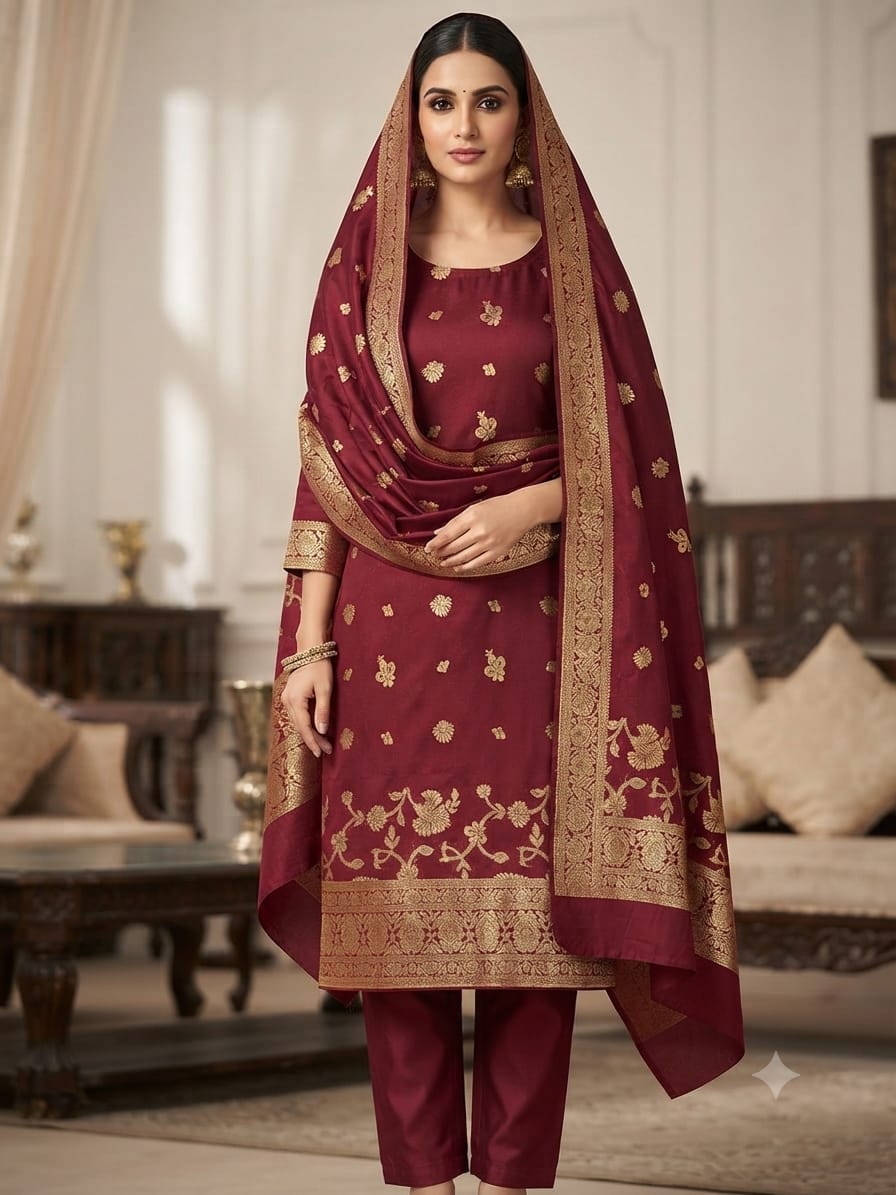 Kanchoi Suit -Red-Model Three Piece Suit - Kanchoi Silk Khadi Fabric (Red) - Image 1