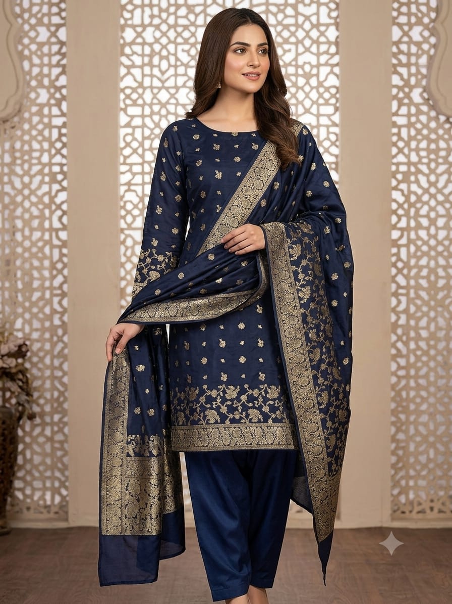 Royalblue_model Three Piece Suit – Kanchoi Silk Khadi Fabric (Royal Blue) - Image 1