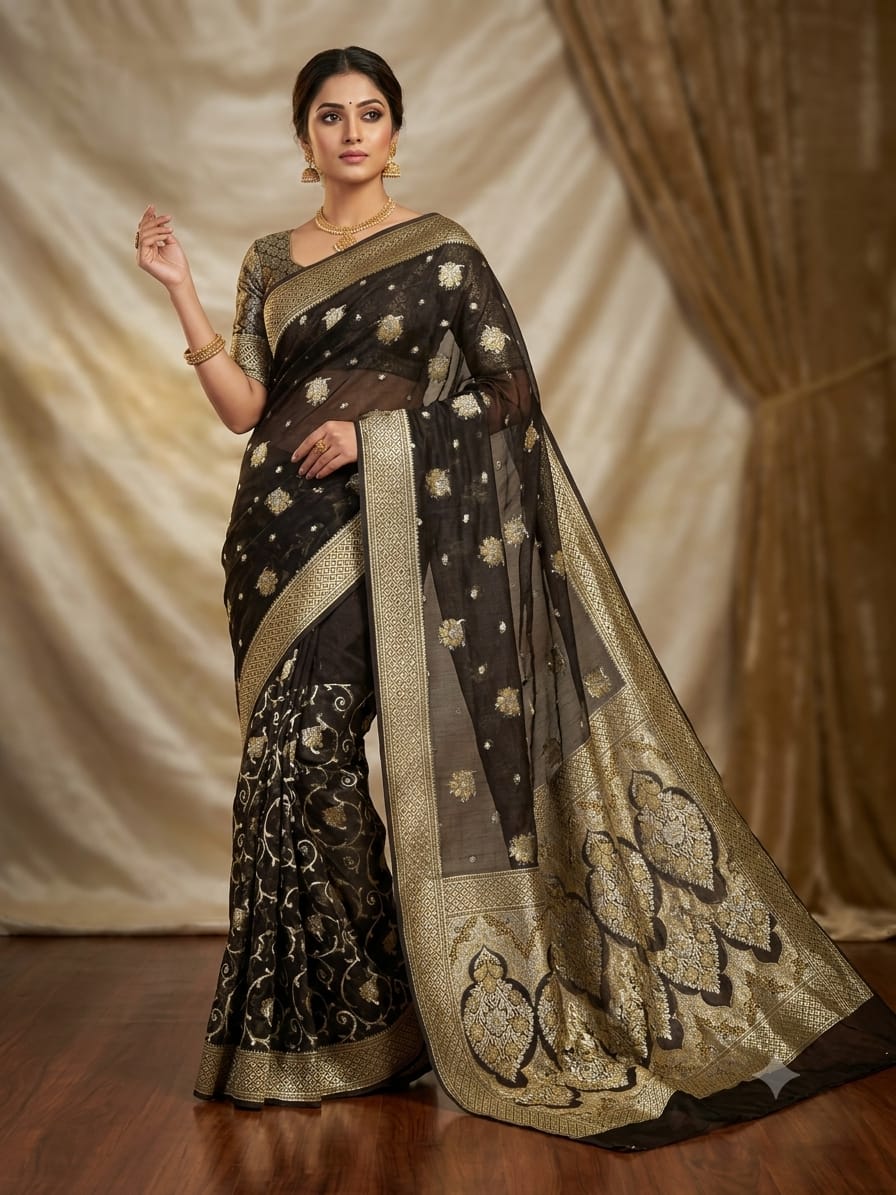 Banarsi Saree - Resham Crinkle Shiffon Saree Banarsi Saree - Pure Resham Crinkle Chiffon with Ganga Jamuni Zari Work - Image 1