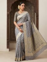 Banarasi Saree – Pure Crinkle Chiffon with Silver & Golden Zari Work (Gray)