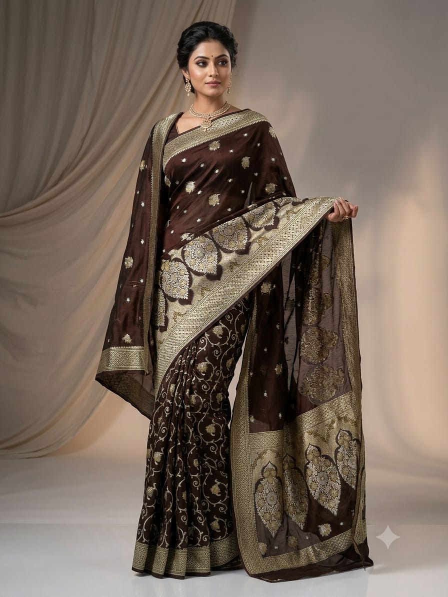 Banarsi Saree - Crinkle Chiffon - Black Banarasi Saree – Pure Crinkle Chiffon with Silver & Golden Zari Work (Black) - Image 1