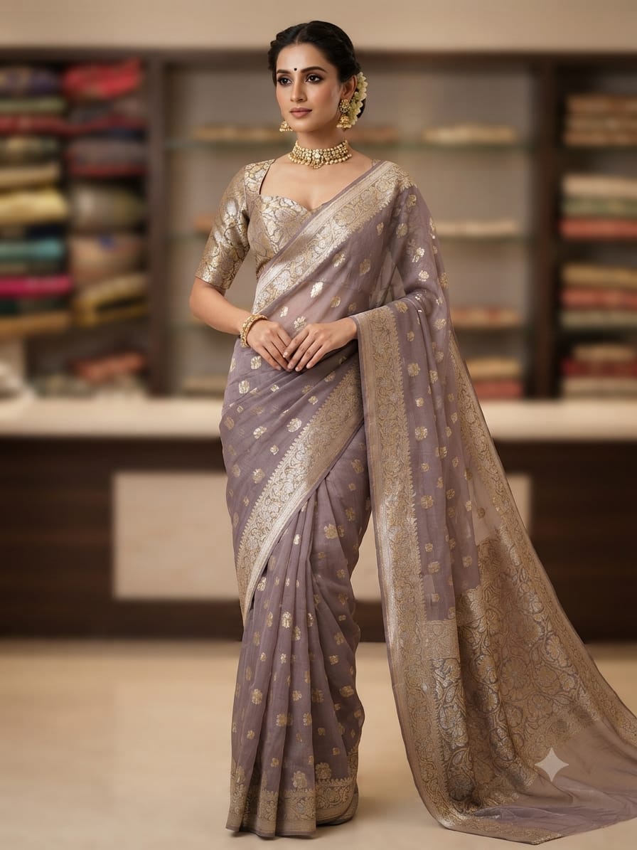 Banarsi Saree - Crinkle Chiffon - Lailik Banarasi Saree – Pure Crinkle Chiffon with Silver & Golden Zari Work (Lailik) - Image 1