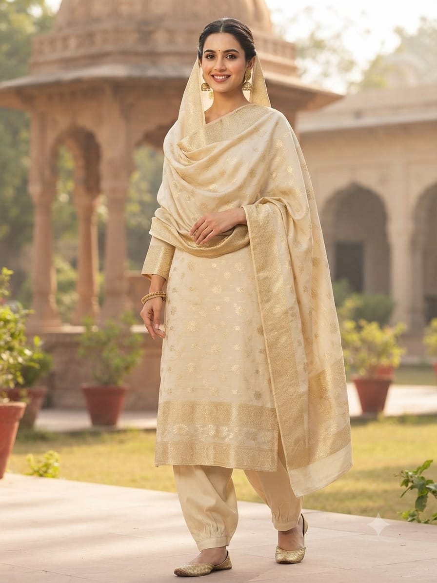 Kanchoi Silk - White-Model Three Piece Suit – Kanchoi Silk Khadi Fabric (White) - Image 1
