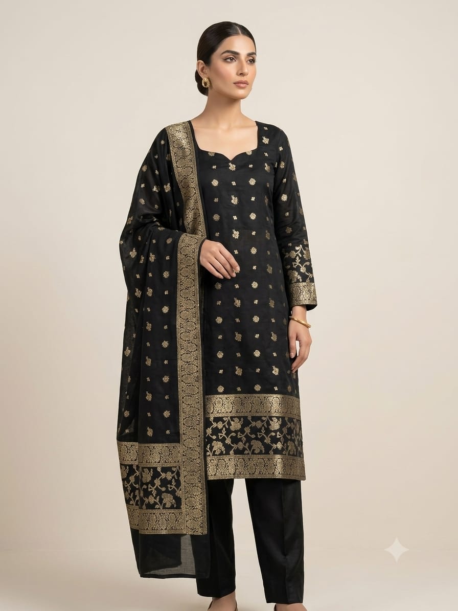 Kanchoi Silk - black-Model Three Piece Suit – Kanchoi Silk Khadi Fabric (Black) - Image 1