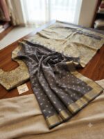 Banarasi Saree – Pure Crinkle Chiffon with Silver & Golden Zari Work (Gray) - Image 2
