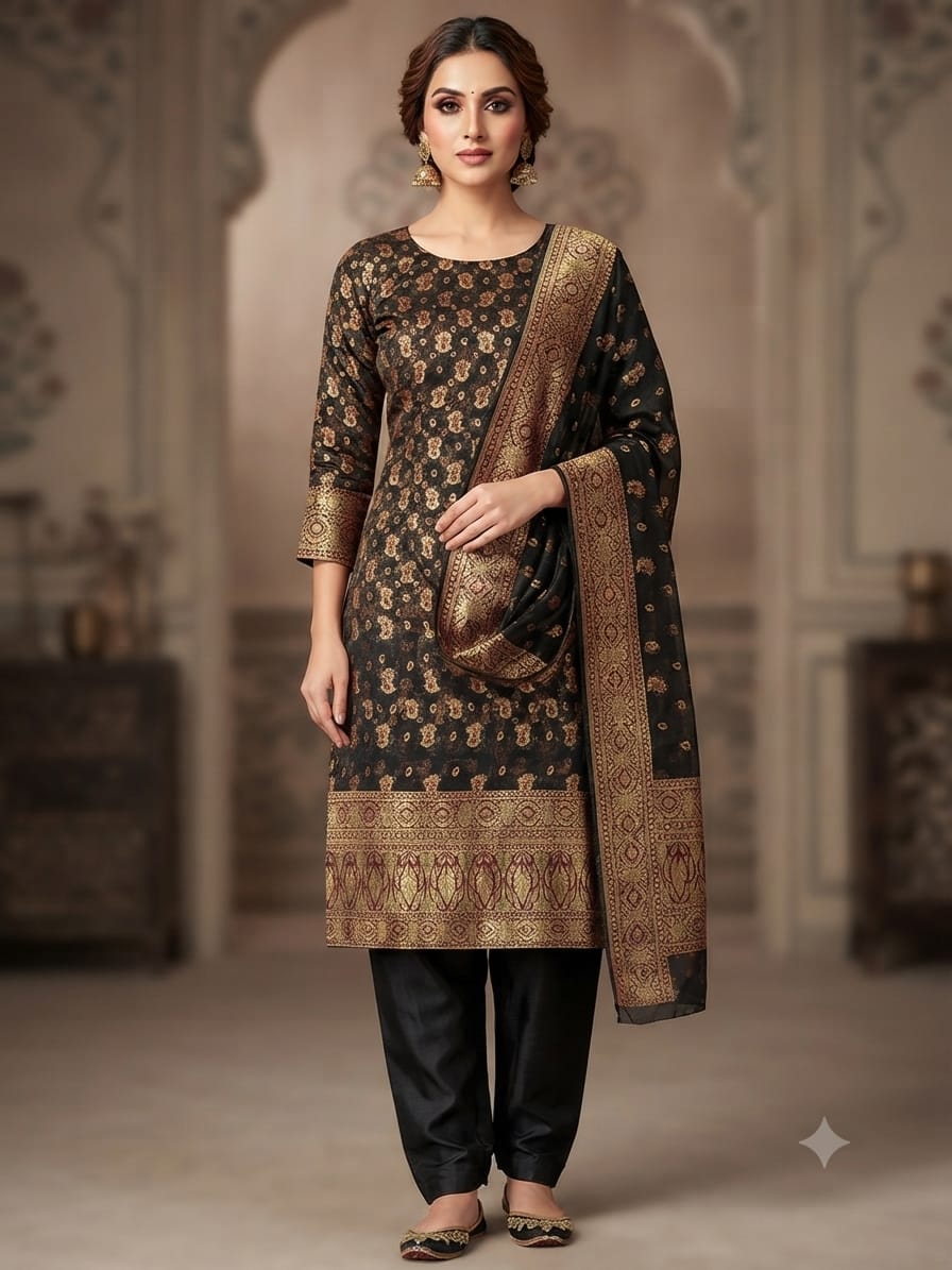 black-model Banarsi Crinkle Chiffon shirt with Lidowna Chiffon Dupatta (Black) - Image 1